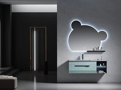 Modern Bathroom With Gray Wall Illuminated Bear Shaped Mirror And Light Blue Vanity 3d model