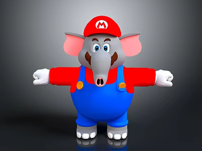 Mario Style Elephant Game Character Wearing Red Hat Red Shirt Blue Overalls With Arms Outstretched 3d model