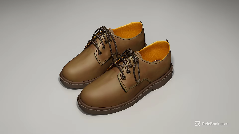 Brown Leather Lace Up Shoes With Yellow Inner Lining And Dark Sole 3d model 