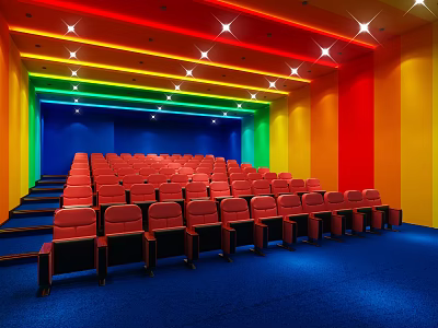 Cinema Interior With Red Seats Colorful Walls Ceiling Lights And Blue Carpet 3d model
