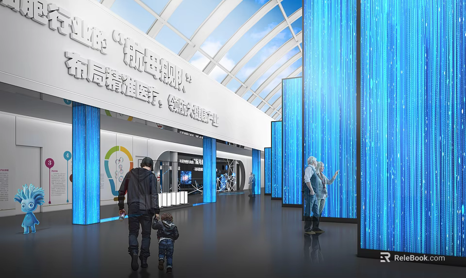 Urban Planning Exhibition Hall Featuring Elaborate Layout Innovative Experience Area Blue Pillars And Glass Roof 3d model 