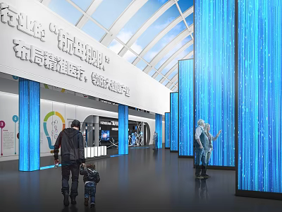 Urban Planning Exhibition Hall Featuring Elaborate Layout Innovative Experience Area Blue Pillars And Glass Roof 3d model