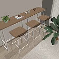 Bar Counter With Wooden Top White Legs Three Bar Stools And Green Plant By Window