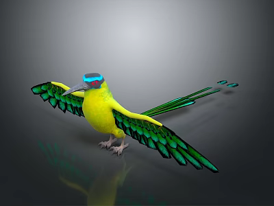 Colorful Bird With Yellow Body Green Wings Blue Head Long Tail Standing On Reflective Surface 3d model