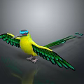 Colorful Bird With Yellow Body Green Wings Blue Head Long Tail Standing On Reflective Surface