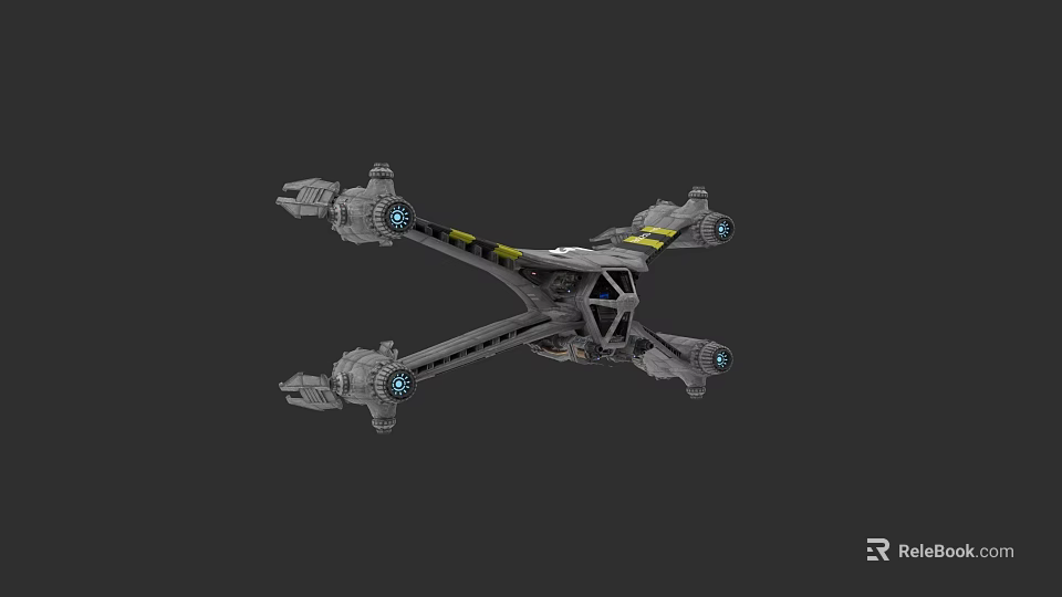 Gray Sci Fi Fighter Jet With Four Engines And Yellow Stripes Design 3d model 