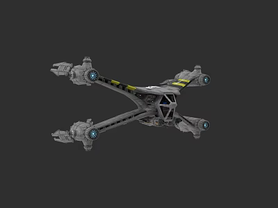 Gray Sci Fi Fighter Jet With Four Engines And Yellow Stripes Design 3d model