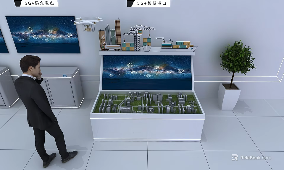 5G Smart Port Sand Table With City Model Display Screen And Potted Plant 3d model 