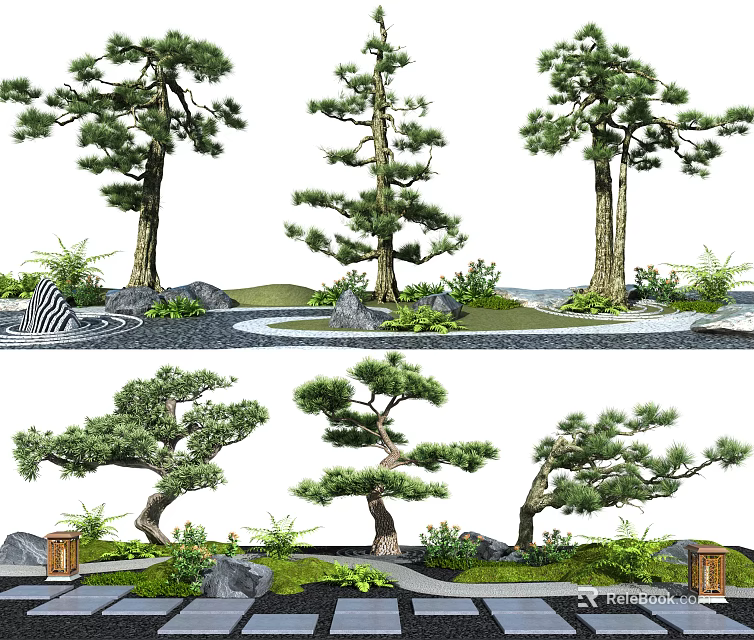 Artistic Garden Ornaments Design With Various Trees Stones Small Plants And Pathway 3d model 