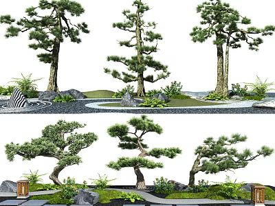Artistic Garden Ornaments Design With Various Trees Stones Small Plants And Pathway 3d model