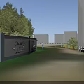 Modern Outdoor Landscape With Buildings Trees Green Plants Paved Pathway And Display Wall
