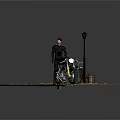 Street Scene With Man Standing By Motorcycle Street Lamp Trash Can And Fallen Leaves