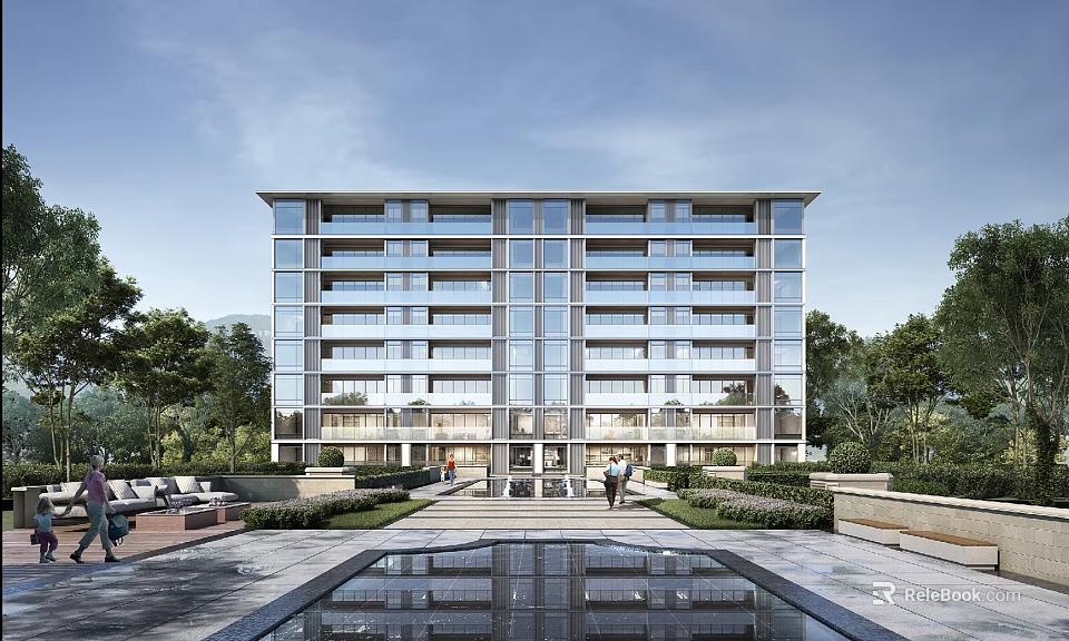 Modern Residential Building With Glass Facade Landscaped Gardens Reflection Pool Surrounded By Trees 3d model 