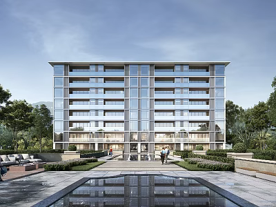 Modern Residential Building With Glass Facade Landscaped Gardens Reflection Pool Surrounded By Trees 3d model