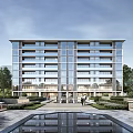 Modern Residential Building With Glass Facade Landscaped Gardens Reflection Pool Surrounded By Trees