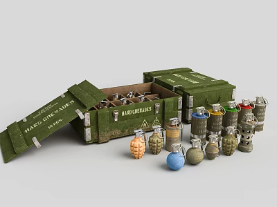 Military Weapons Including Grenades Bombs and Ammunition in Green Ammo Crates with Various Colors Shapes 3d model