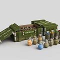 Military Weapons Including Grenades Bombs and Ammunition in Green Ammo Crates with Various Colors Shapes