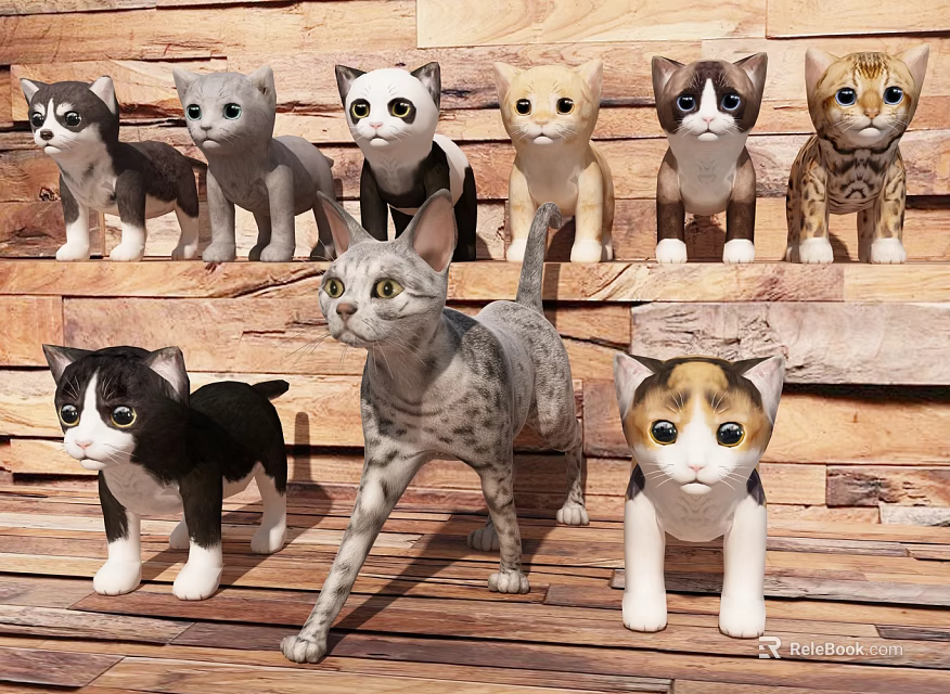 Cute Kitten Dolls In Various Colors And Poses On Wooden Background 3d model 