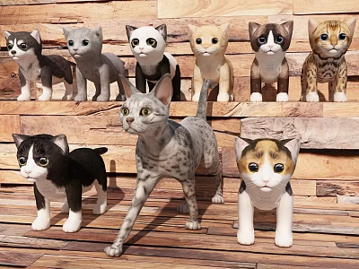 Cute Kitten Dolls In Various Colors And Poses On Wooden Background 3d model
