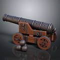 Detailed 3D Model of Vintage Cannon with Wooden Carriage Metal Barrel and Cannonballs
