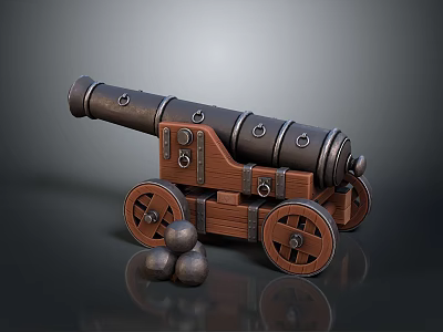 Detailed 3D Model of Vintage Cannon with Wooden Carriage Metal Barrel and Cannonballs 3d model