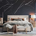 Modern Double Bed Bedroom Interior With Plush Pillows Cozy Blanket And City View