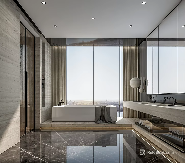 Modern Bathroom Interior Design With Large Windows Bathtub And Marble Vanity 3d model 