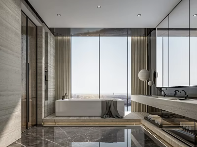 Modern Bathroom Interior Design With Large Windows Bathtub And Marble Vanity 3d model