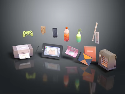 Decorative Ornament Set Featuring Game Controller Coffee Cup Mobile Phone Tablet Printer And Radio 3d model