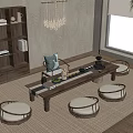 Minimalist Japanese Living Room With Wooden Low Table Round Cushion Seats Bookshelf And Garden View