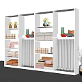 Modern White Open Shelving Unit with Lighting Displaying Towels Decorative Vases and Storage Boxes