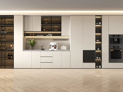 Modern Kitchen Wine Cabinet With White Cabinets Open Design Lighting And Storage 3d model