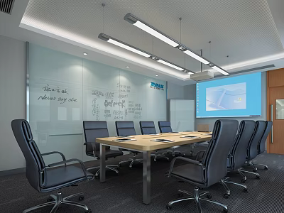 Modern Conference Room Interior With Wooden Table Leather Chairs Glass Whiteboard And Projection Screen 3d model
