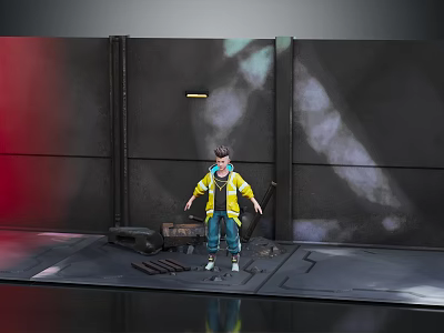 Character In Yellow Jacket Standing In Industrial Scene With Metal Walls Debris And Red Lighting 3d model