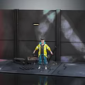 Character In Yellow Jacket Standing In Industrial Scene With Metal Walls Debris And Red Lighting