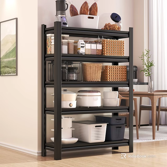 Organized Restaurant Storage Rack With Clear Jars Woven Baskets White Cookware And Storage Boxes 3d model