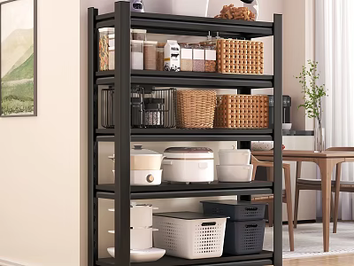 Organized Restaurant Storage Rack With Clear Jars Woven Baskets White Cookware And Storage Boxes 3d model