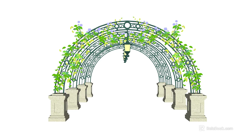 Arched Metal Pergola With Climbing Vines Purple Yellow Flowers And Stone Pillar Supports 3d model 