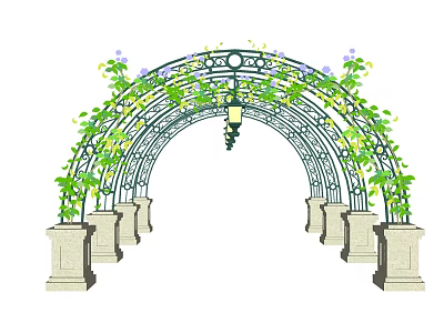 Arched Metal Pergola With Climbing Vines Purple Yellow Flowers And Stone Pillar Supports 3d model