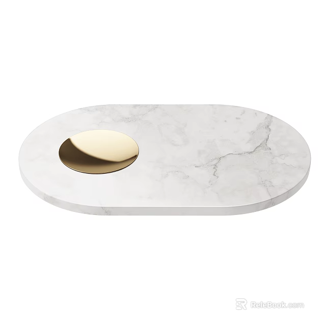 White Marble Oval Kitchen Tray With Gold Round Accent And Smooth Surface 3d model 