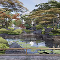 Tranquil Courtyard Garden With Lush Trees Pond Rocks Green Lawn And Metal Chairs