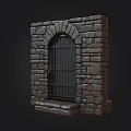 Medieval Stone Wall With Arched Iron Gate And Textured Bricks Design 3d model