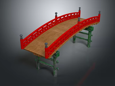 Traditional Chinese Bridge Featuring Red Railings Wooden Deck Green Piers And Decorative Posts 3d model