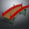 Traditional Chinese Bridge Featuring Red Railings Wooden Deck Green Piers And Decorative Posts