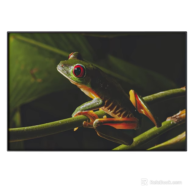 Green Tree Frog with Red Eyes Animal Painting on Natural Branch with Leaves 3d model 
