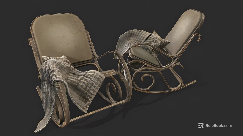 Cozy Vintage Single Rocking Chair With Metal Frame Plaid Blanket And Pillow 3d model 