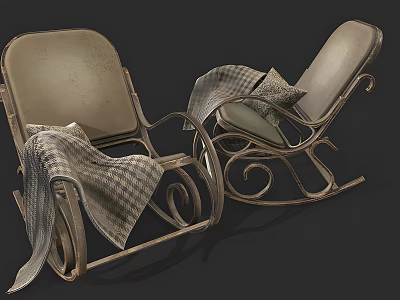 Cozy Vintage Single Rocking Chair With Metal Frame Plaid Blanket And Pillow 3d model