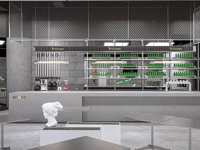 Modern Café Interior With Gray Walls Metal Shelves Green Bottles And White Sculpture 3d model