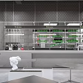 Modern Café Interior With Gray Walls Metal Shelves Green Bottles And White Sculpture