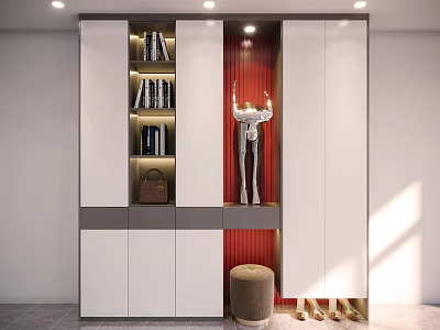Modern Shoe Cabinet With White Gray Doors Red Accent Panel And Storage Shelves 3d model